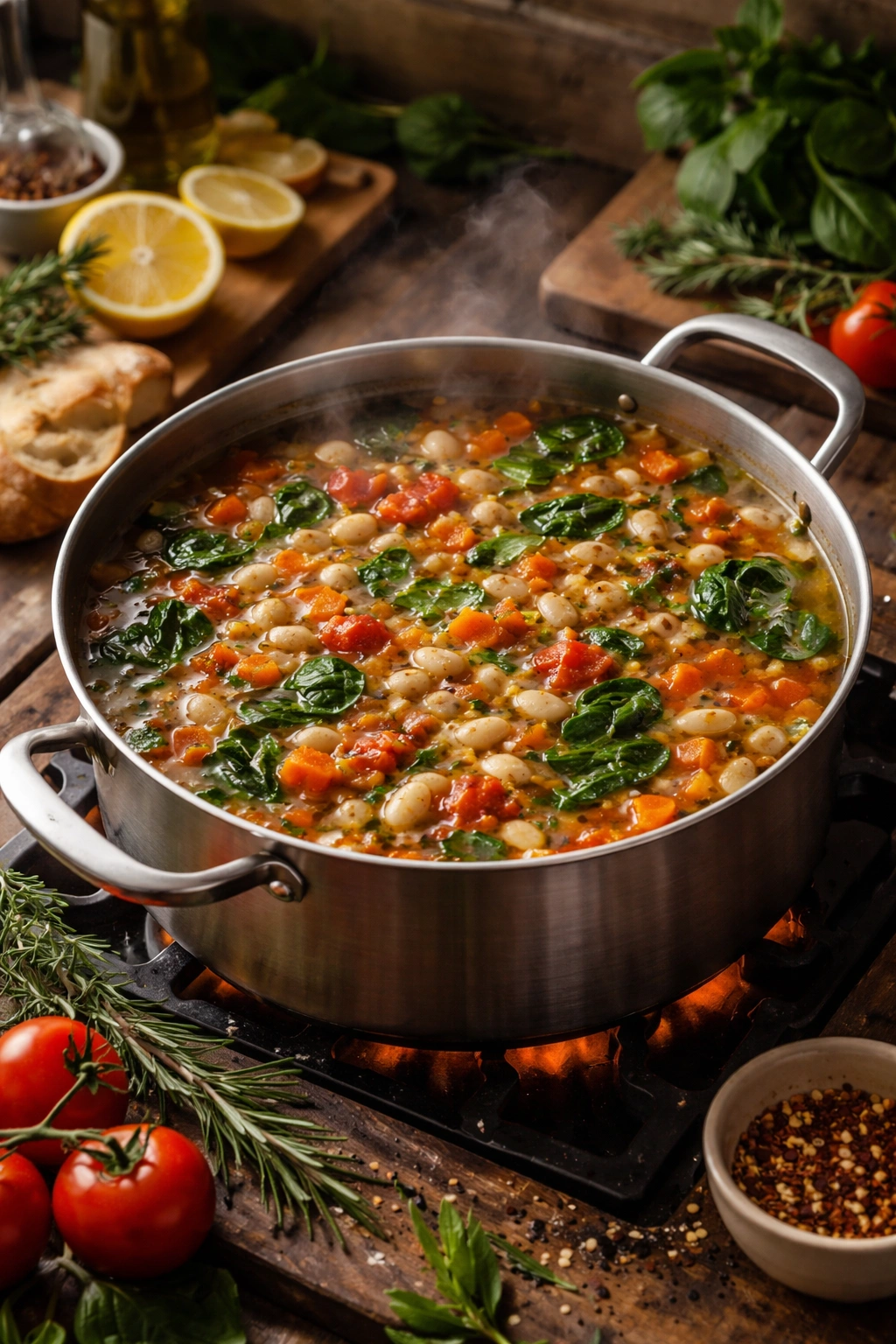 Bean soup with greens and tomatoes hints suggesting variations