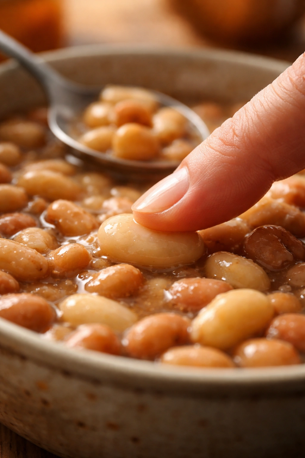 Fingertip pressing a cooked bean to test tenderness