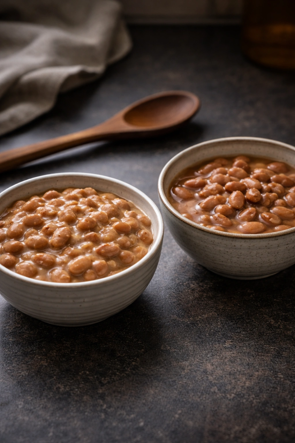 Two bean textures: creamy and thin, with a spoon nearby