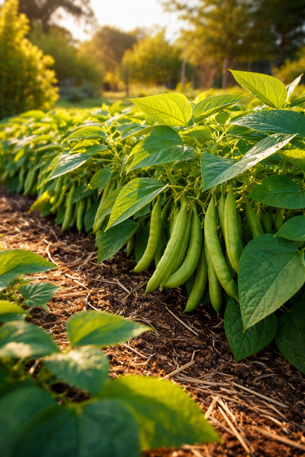Row of bush bean plants with pods in a sunny garden bed