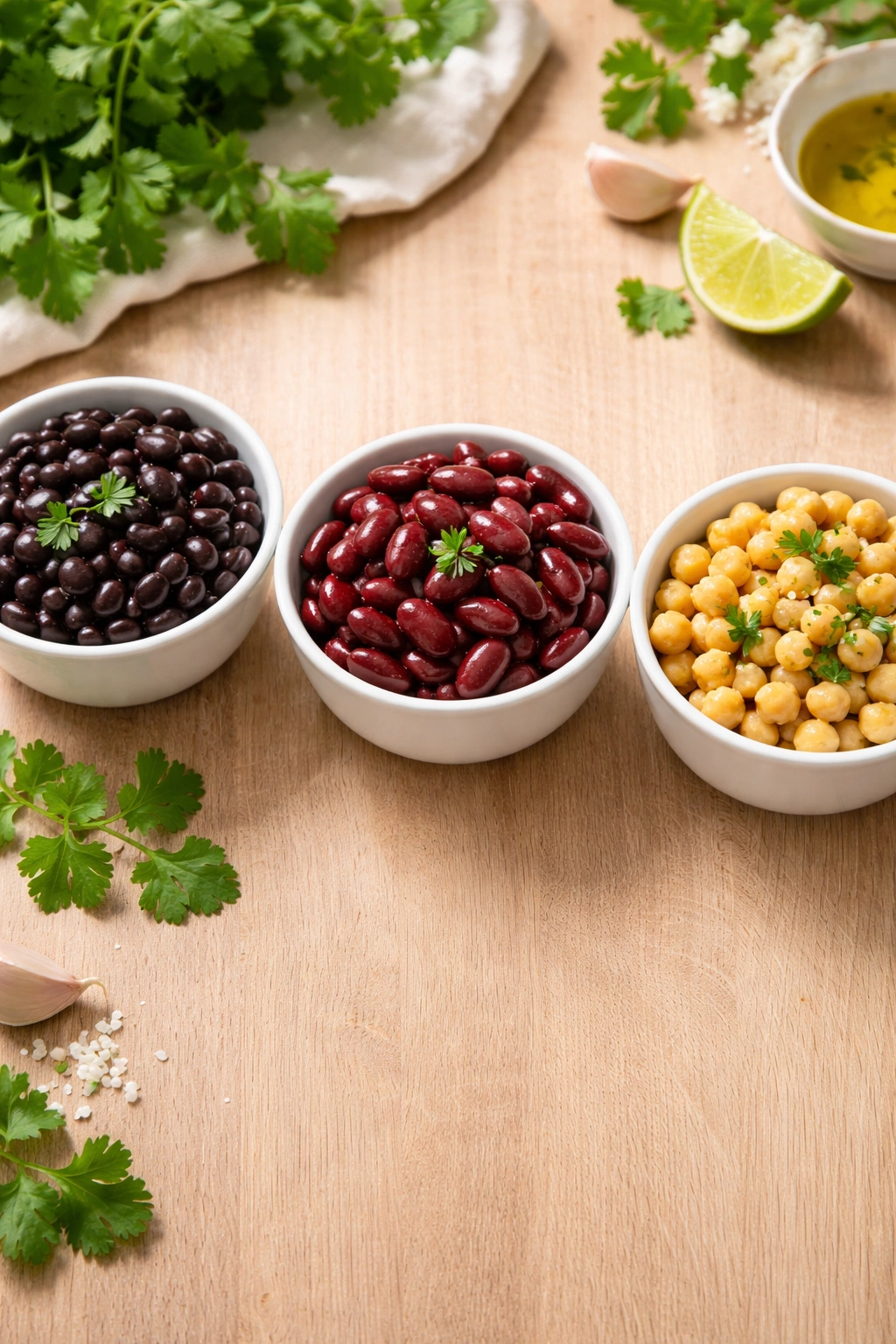 Three bowls with black beans, kidney beans, and chickpeas on a wooden board