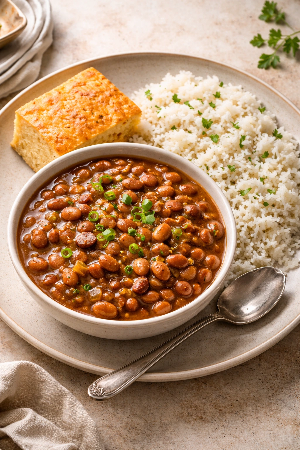 Beans with cornbread and warm rice on a plate