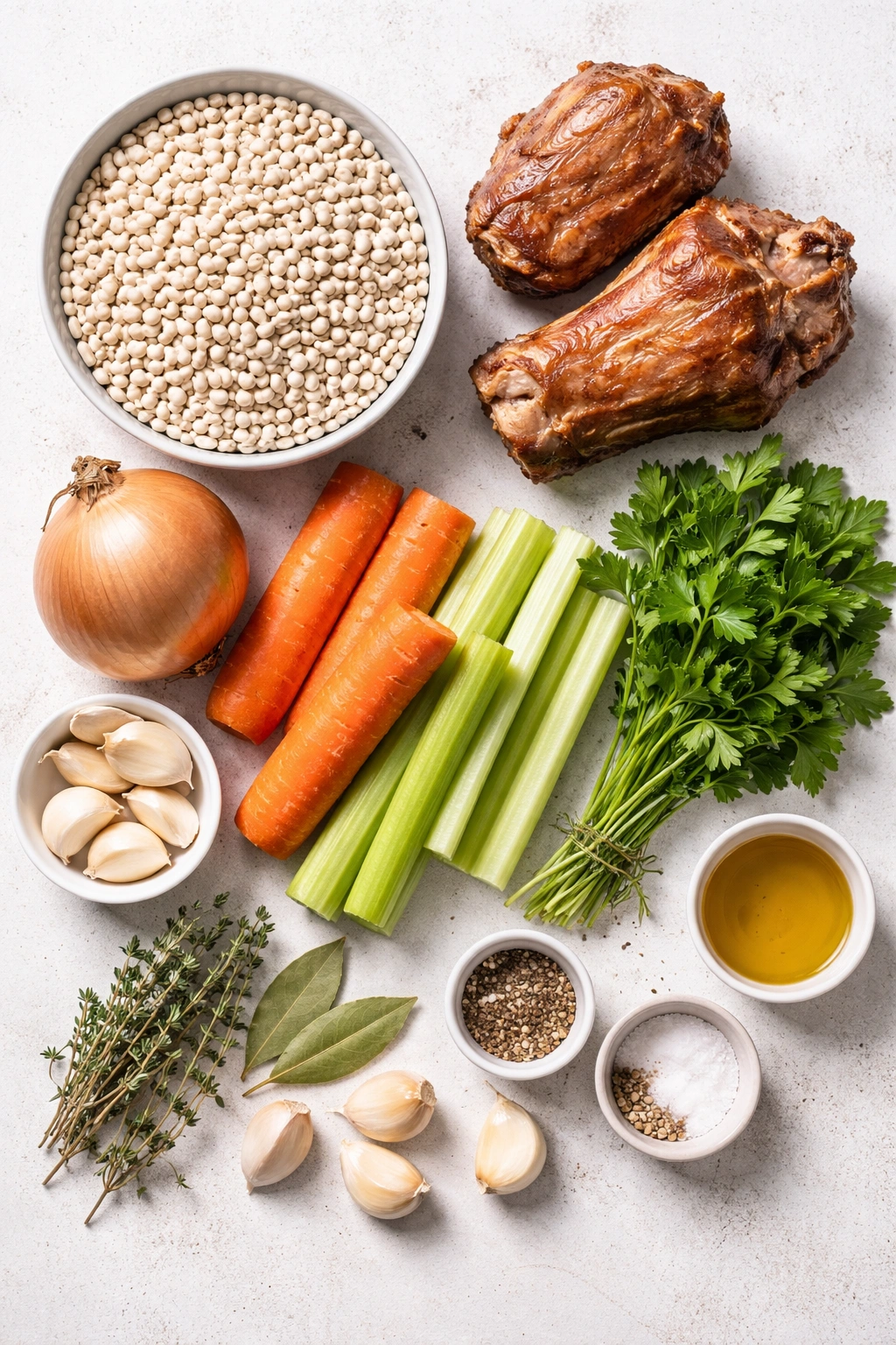 Flat lay of soup ingredients including beans, ham, and vegetables