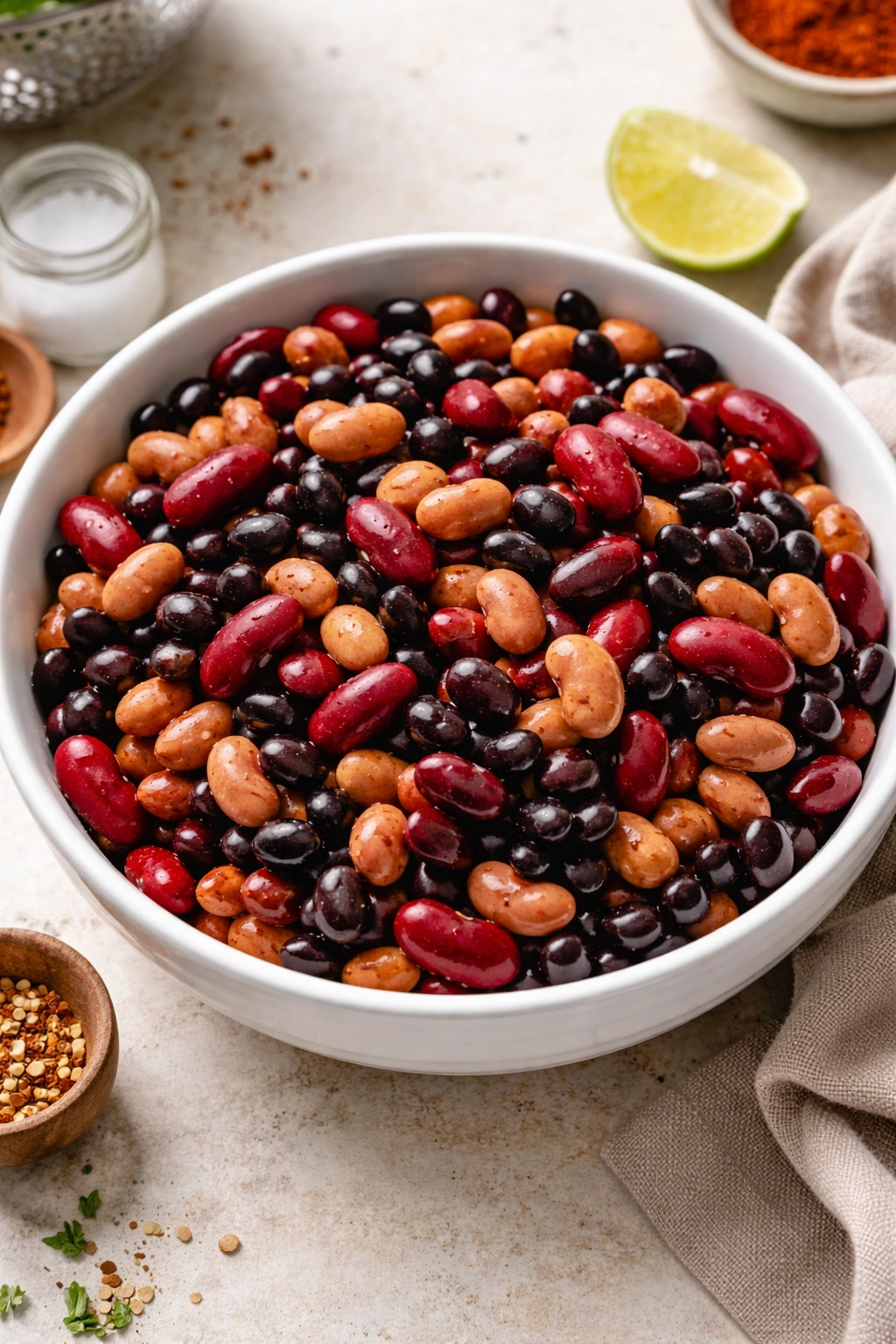 Assorted drained canned beans in a bowl