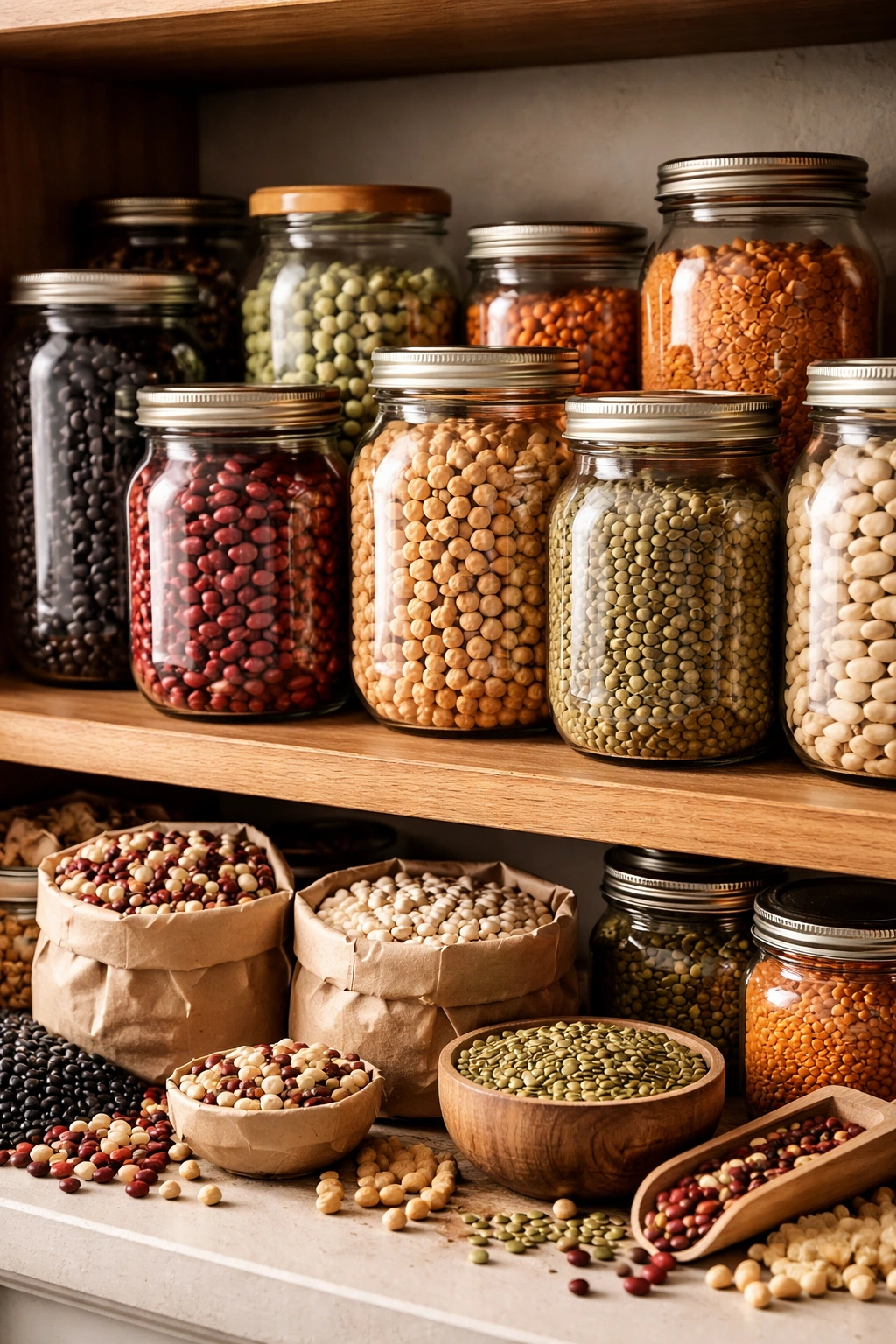 Assorted unlabeled beans on a pantry shelf