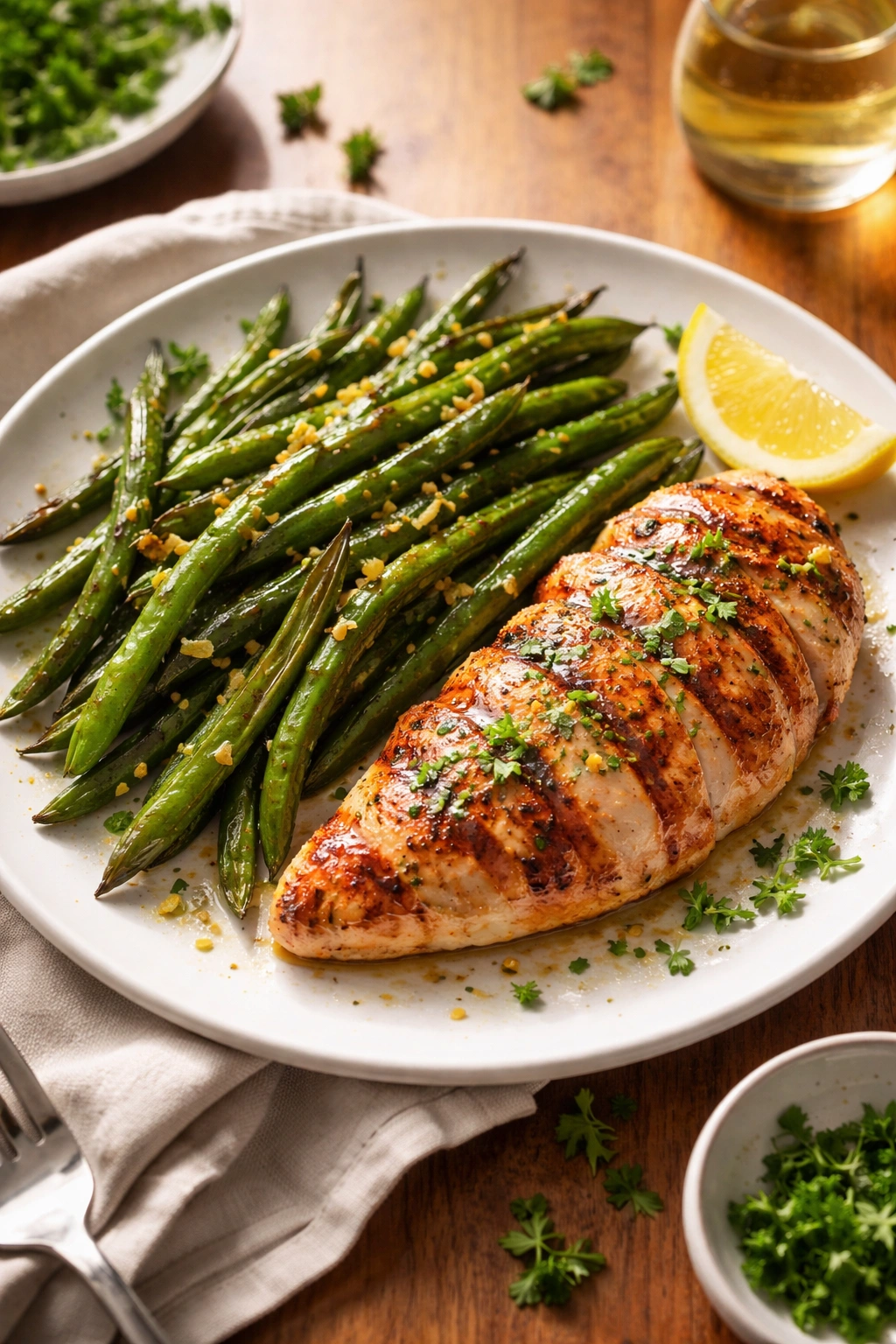 Plate of roasted green beans served with grilled chicken and lemon, ready to eat