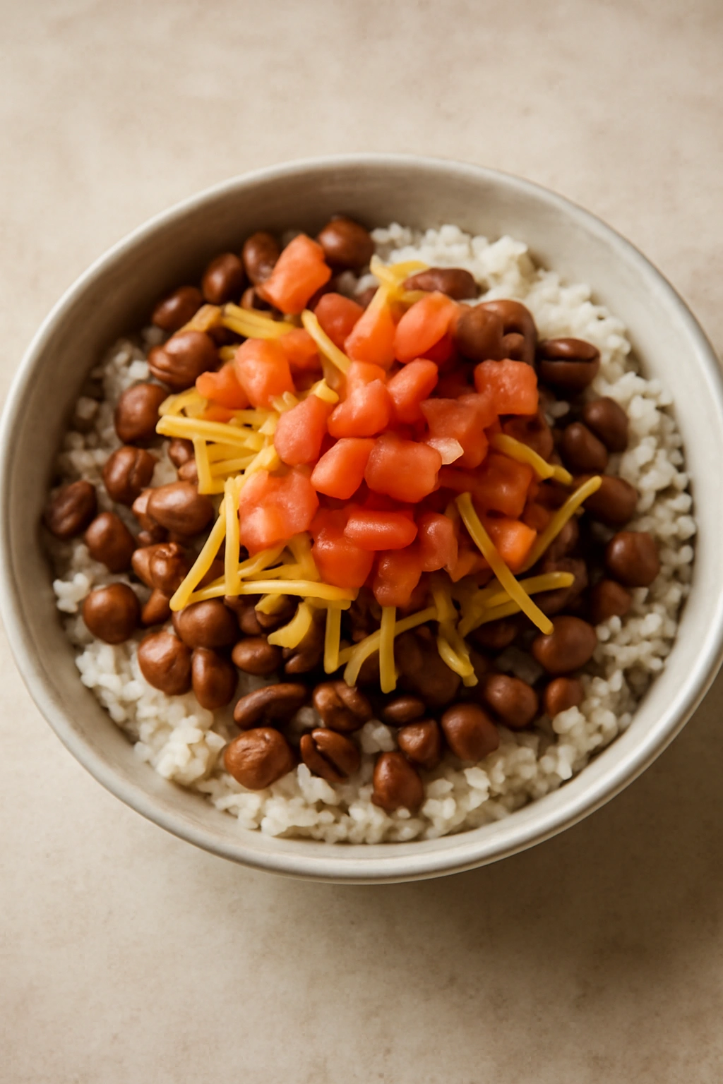 Bowl of rice and beans with colorful toppings.