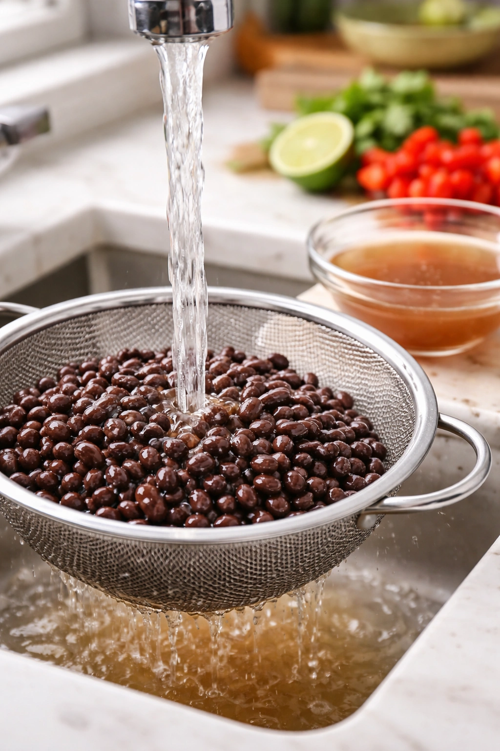 Rinsed canned beans draining in a colander under cold water.