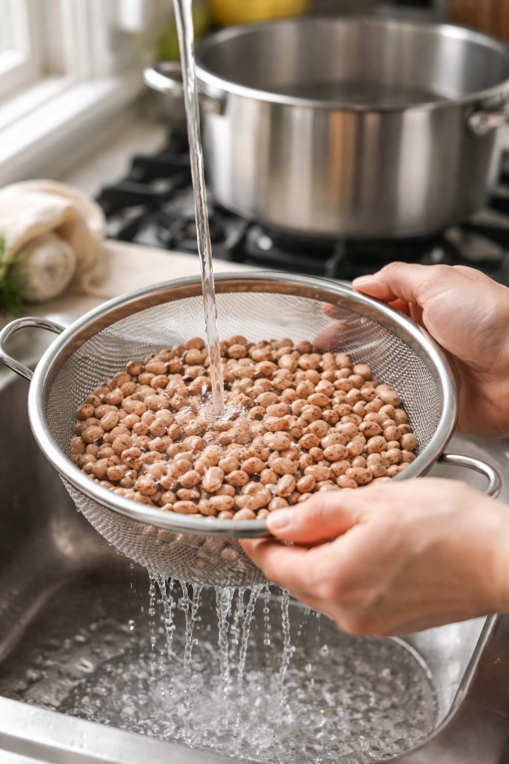Hands rinsing dried pinto beans in a colander over a sink with a pot nearby
