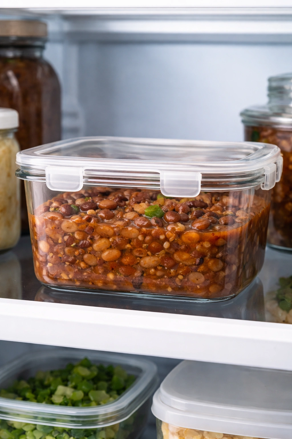 Airtight glass container of cowboy pinto beans stored in a refrigerator