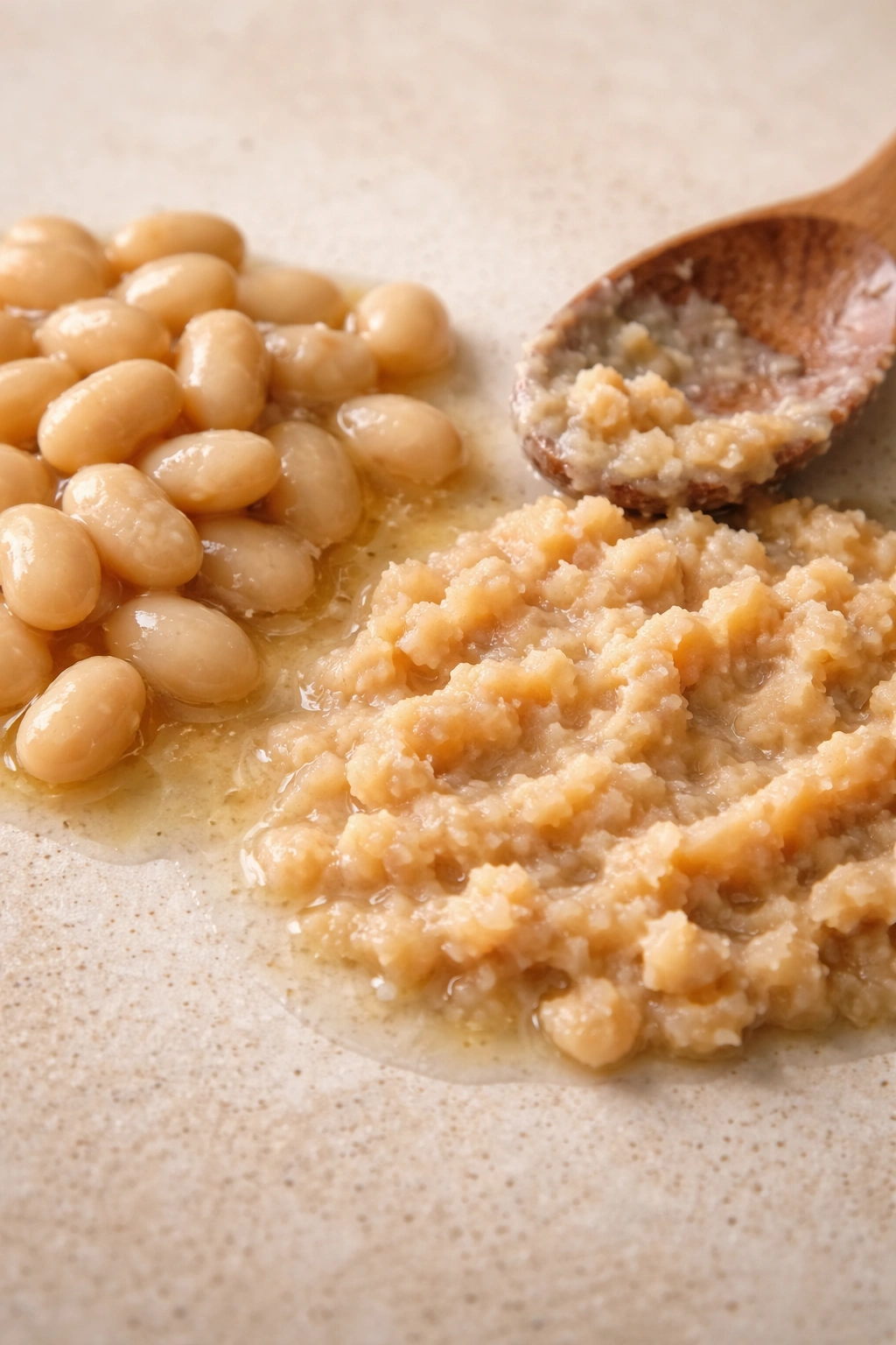 Close-up of whole and mashed beans showing texture
