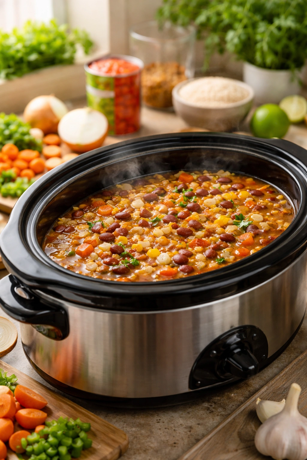 Slow cooker filled with beans and vegetables in bright kitchen