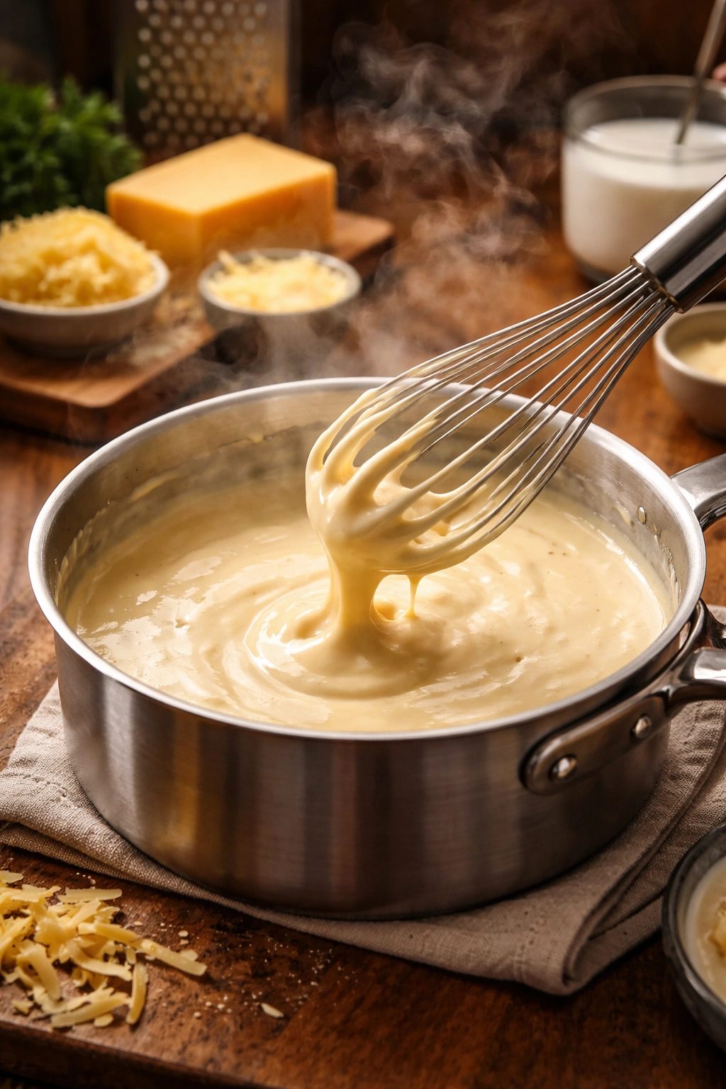 Creamy béchamel cheese sauce in a saucepan with a whisk
