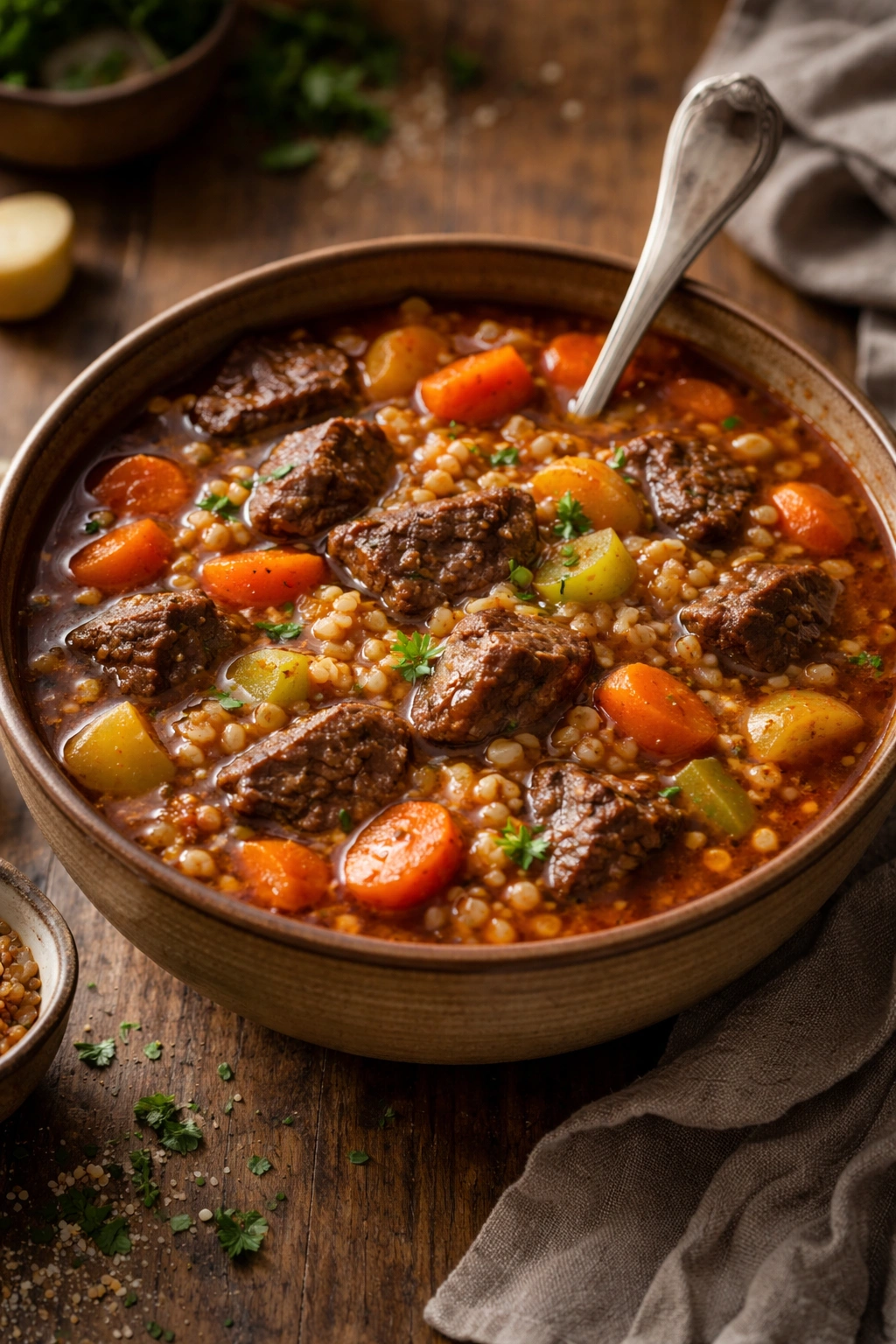 Beef barley stew with beef, barley, carrots, and celery in broth