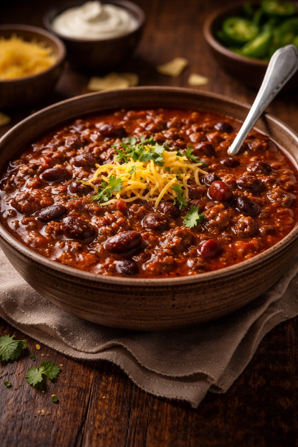 Beef and bean chili in rustic bowl