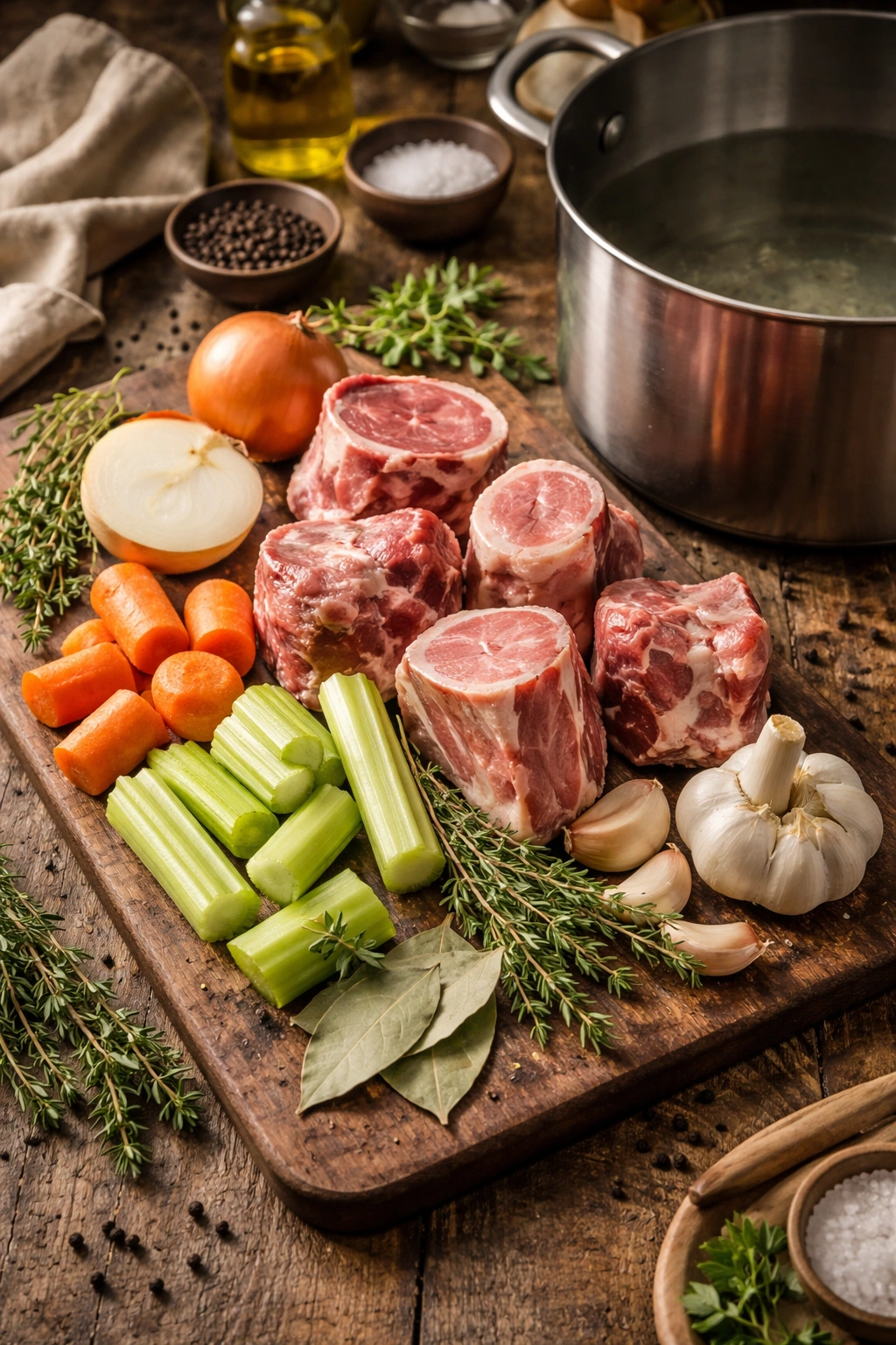 Raw beef bones and vegetables arranged on a wooden board ready for broth simmering