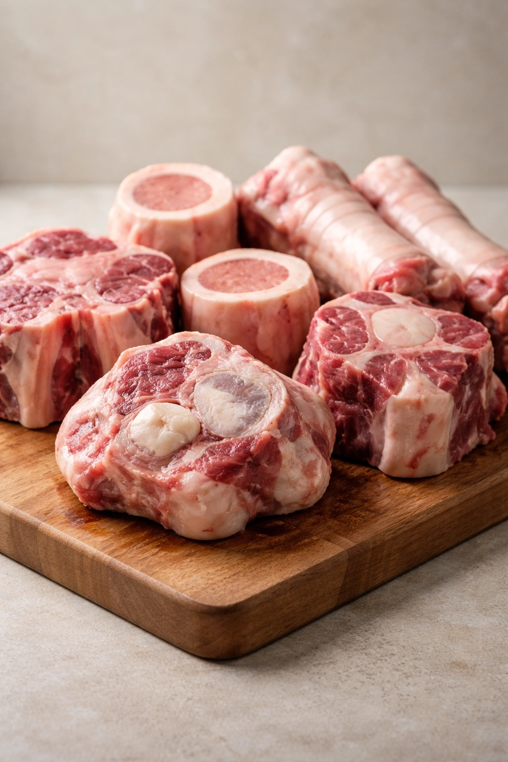 Beef bones including knuckle, marrow, neck, and feet on a wooden cutting board.