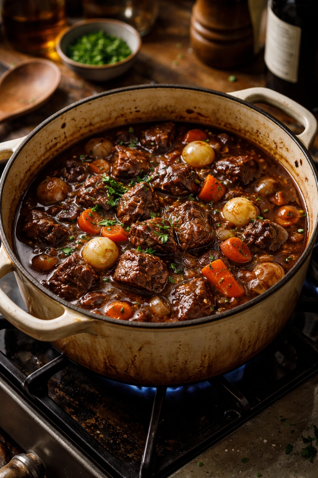 Close-up of bubbling beef bourguignon in a rustic Dutch oven
