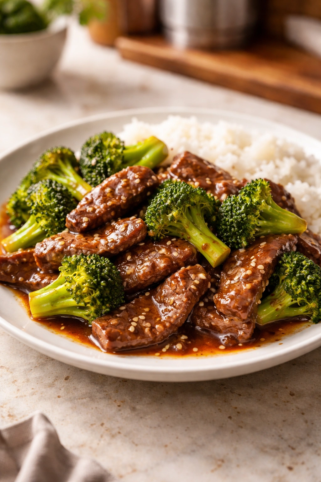 Pristine plated beef and broccoli with glossy sauce on a white plate