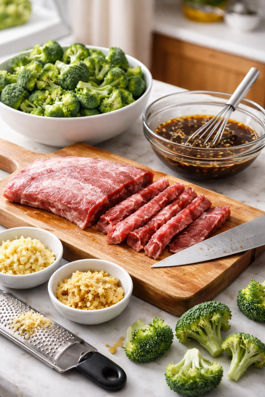 Close-up of flank steak prep with broccoli, garlic, and ginger ready for stir-fry.
