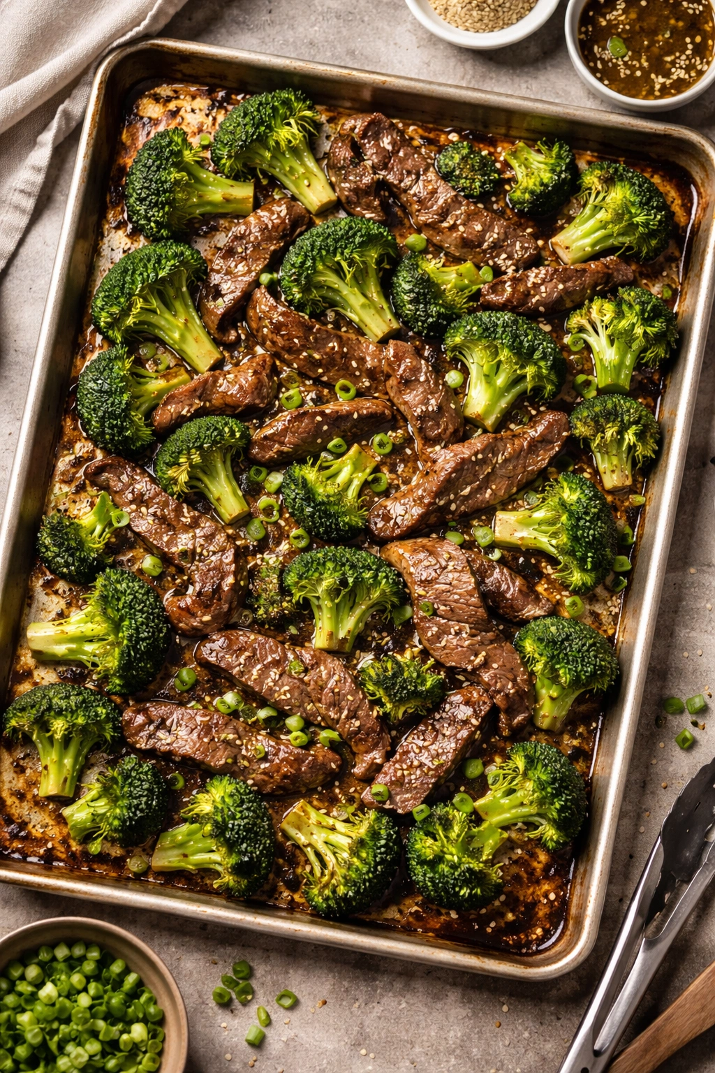 Beef and broccoli on a sheet pan with glossy glaze