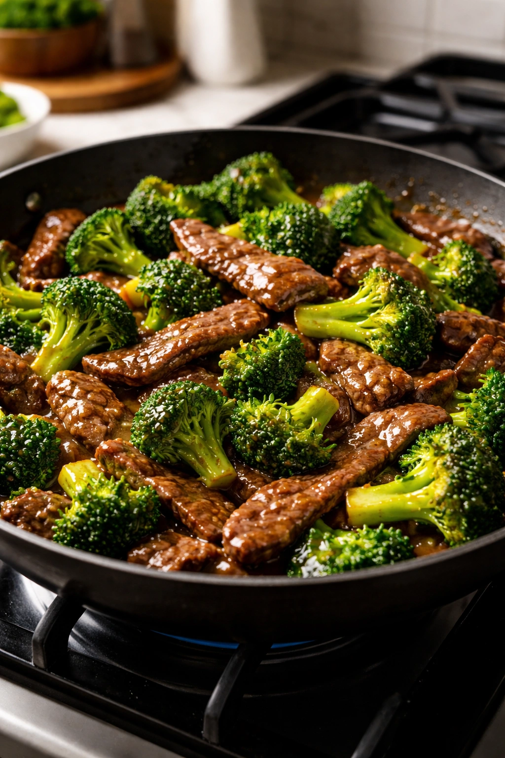 Beef and broccoli on skillet with glossy sauce and crisp broccoli florets