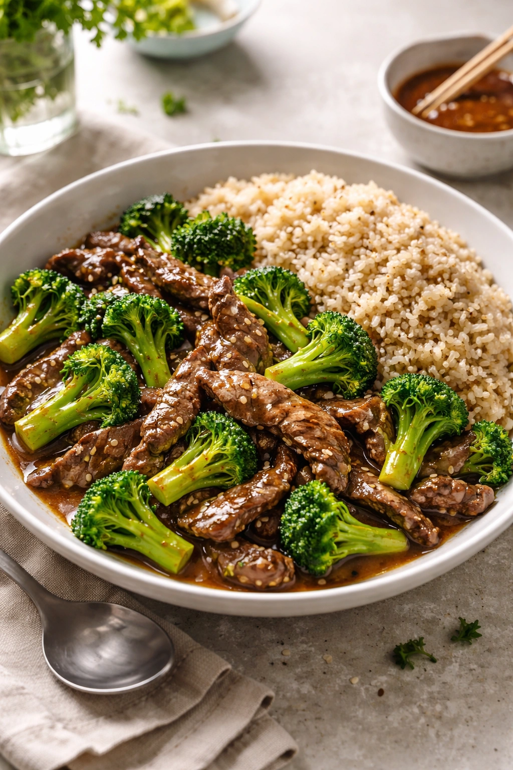Beef stir-fry with broccoli and brown rice on a plate in bright kitchen