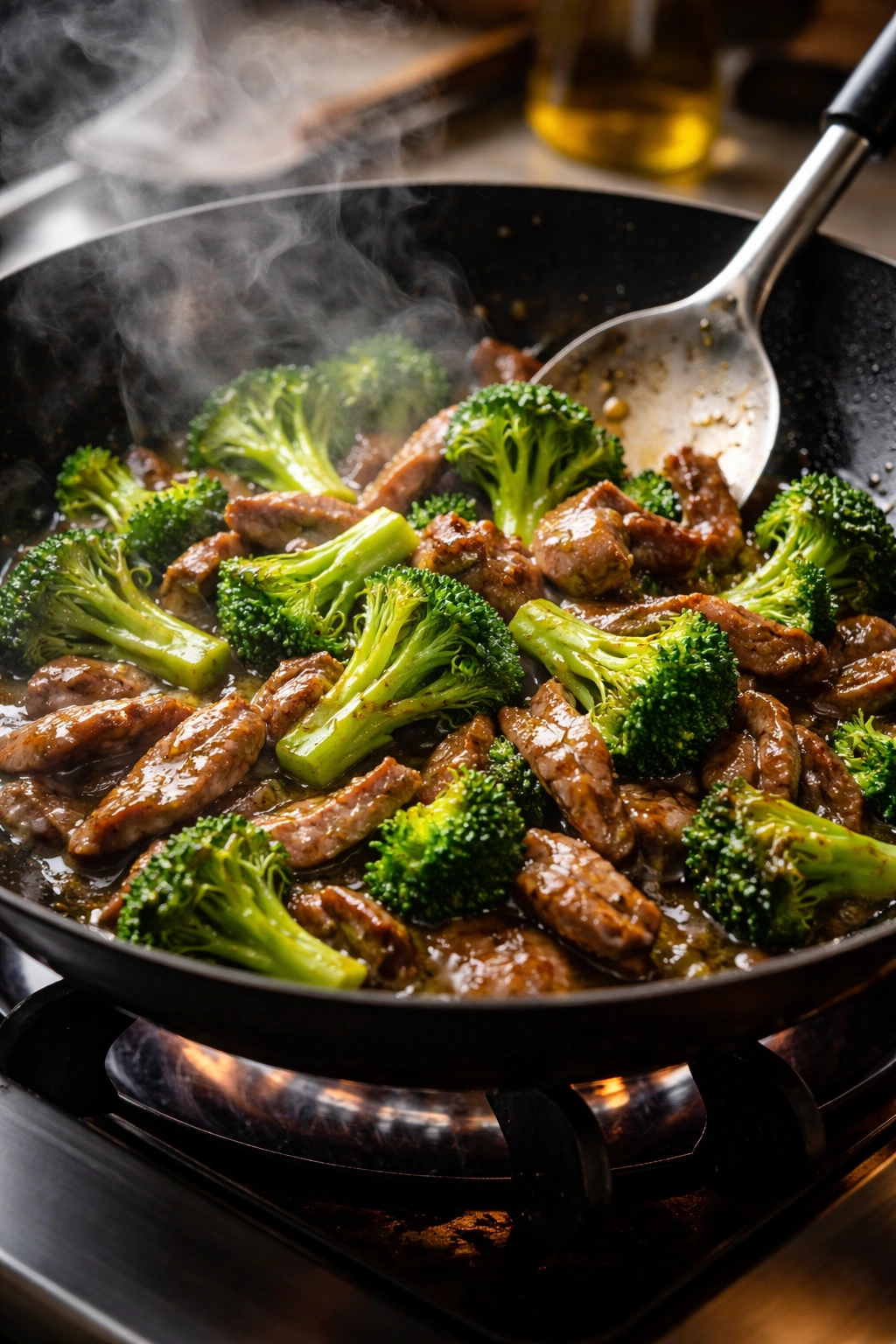 Beef and broccoli stir-fry with glossy sauce and broccoli florets