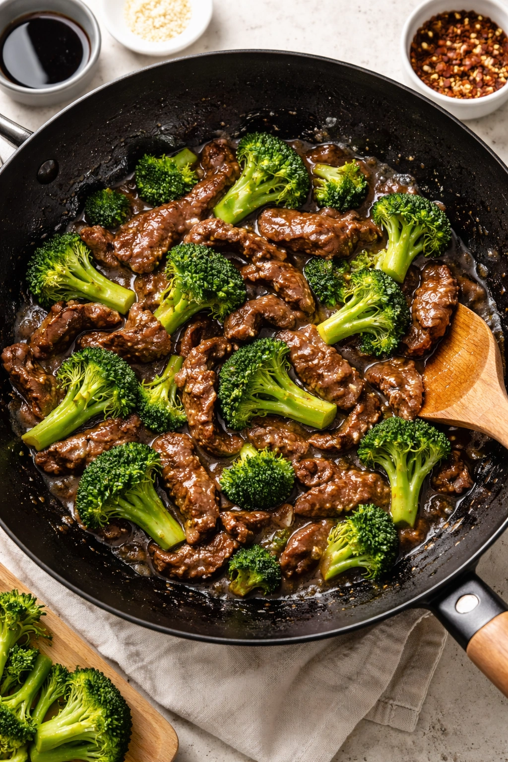 Beef and broccoli stir-fry close-up with glossy sauce and crisp broccoli