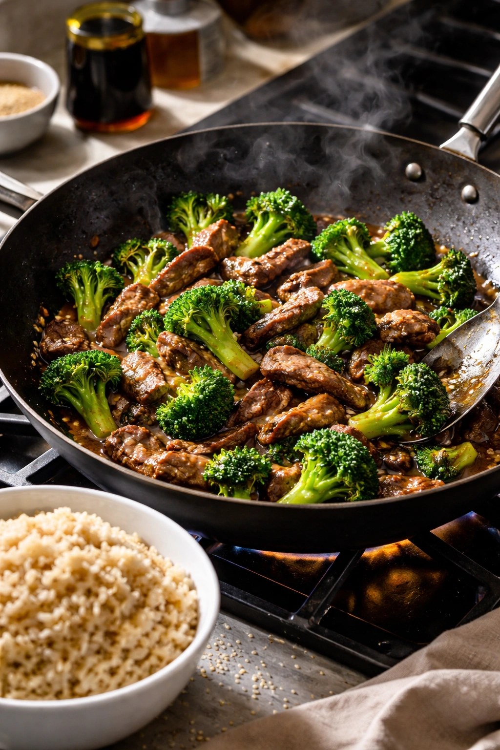 Beef and broccoli stir-fry with brown rice