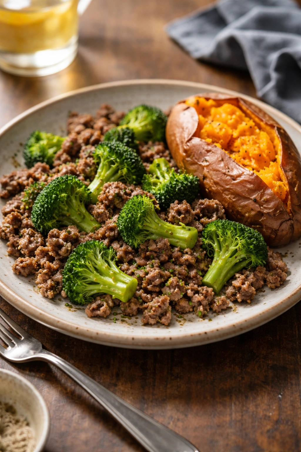 Lean ground beef with broccoli and a baked sweet potato
