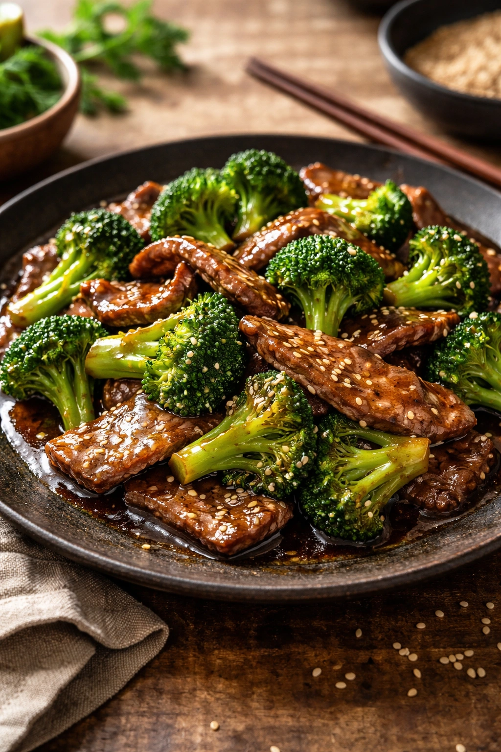 Close-up of beef and broccoli teriyaki on a dark plate with glossy glaze
