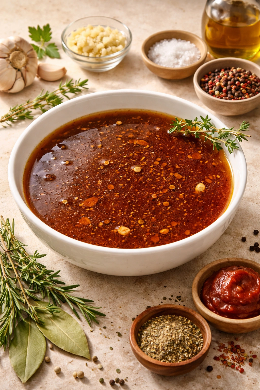 Beef broth in a bowl with herb sprig for braising foundation
