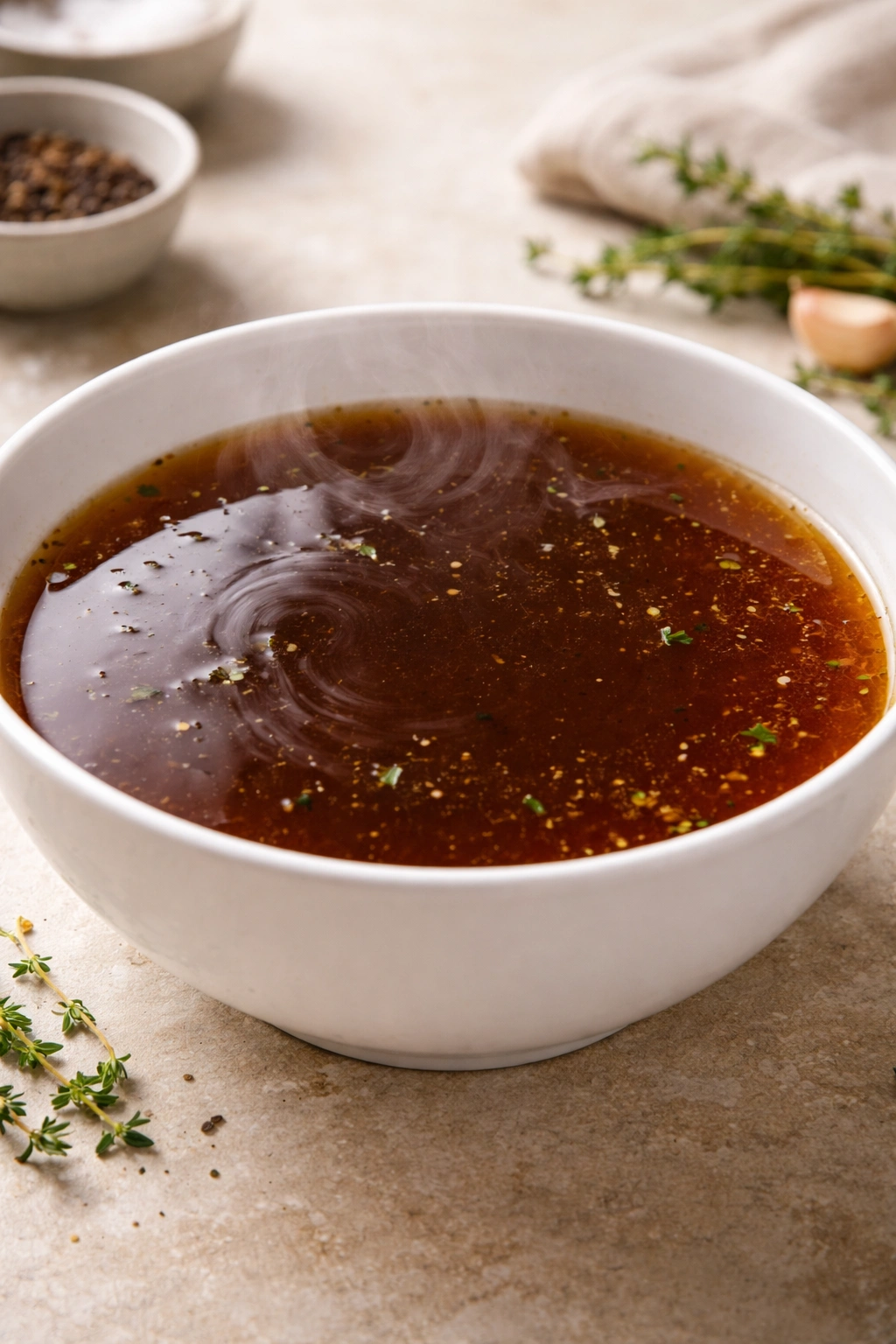 Rich beef broth in bowl with subtle steam