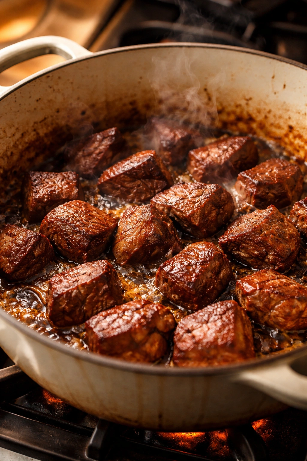 Close-up of browned beef chunks in a hot pot with deep caramelization and fond.