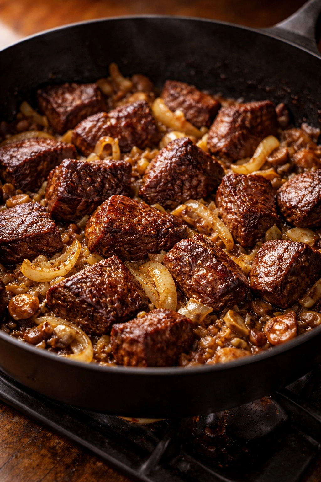 Beef browning in skillet with onions