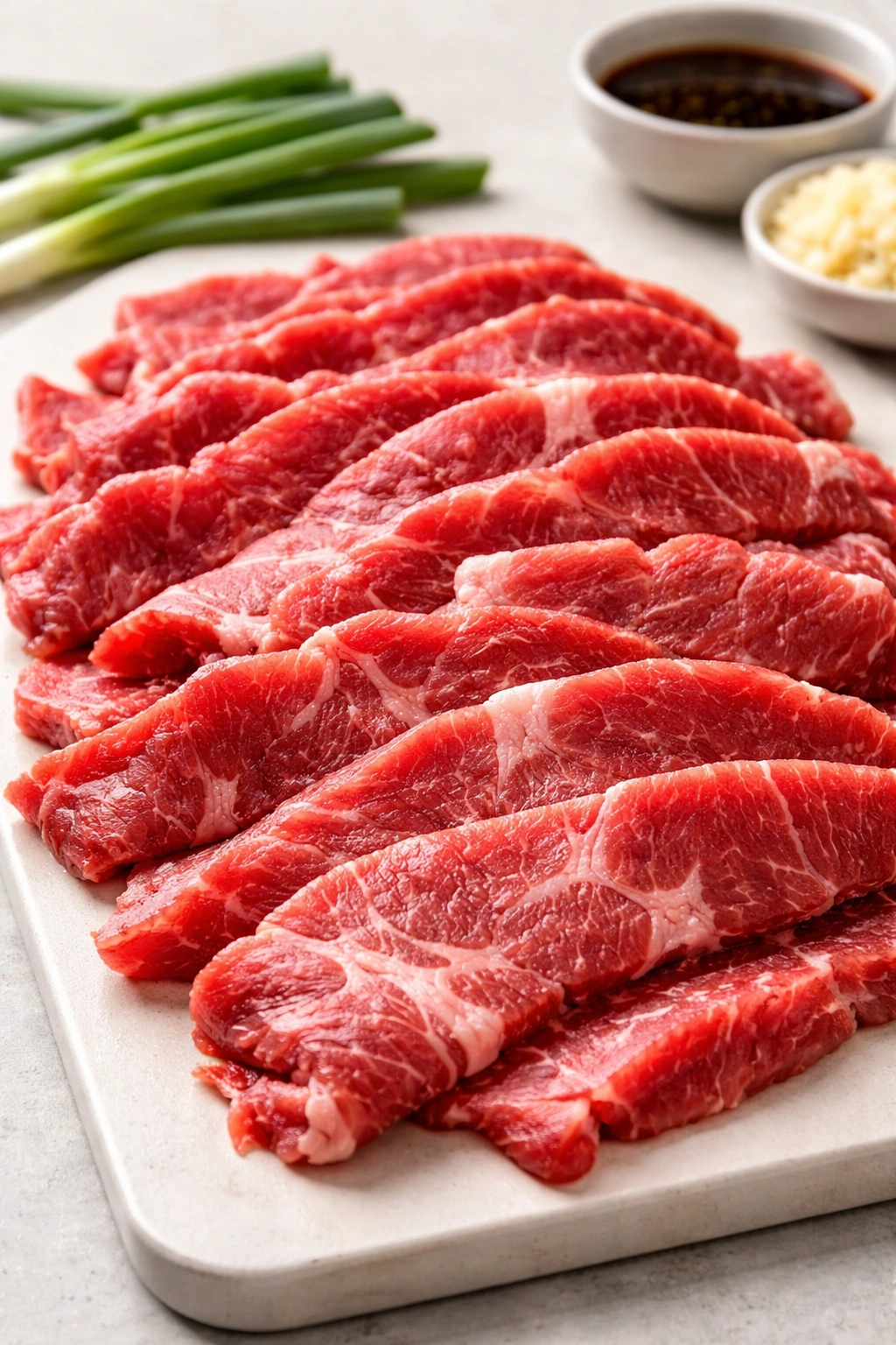 Raw bulgogi beef slices with marbling on a clean surface