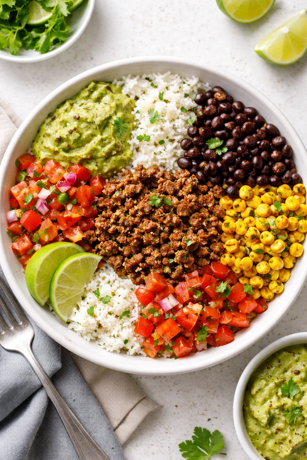 Layered beef burrito bowls with rice and beans in a bowl