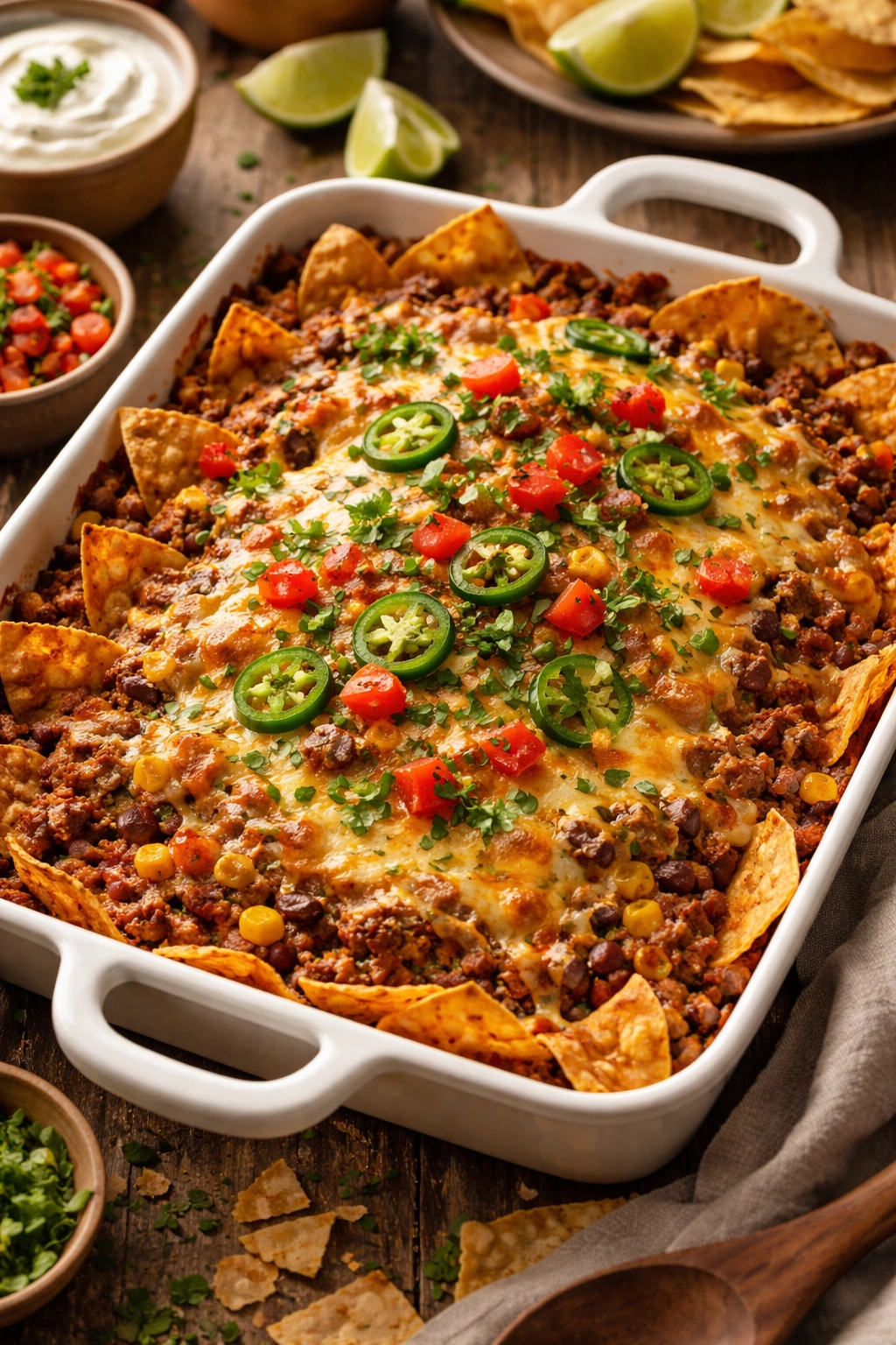 Beef taco casserole bubbling with melted cheese in a baking dish