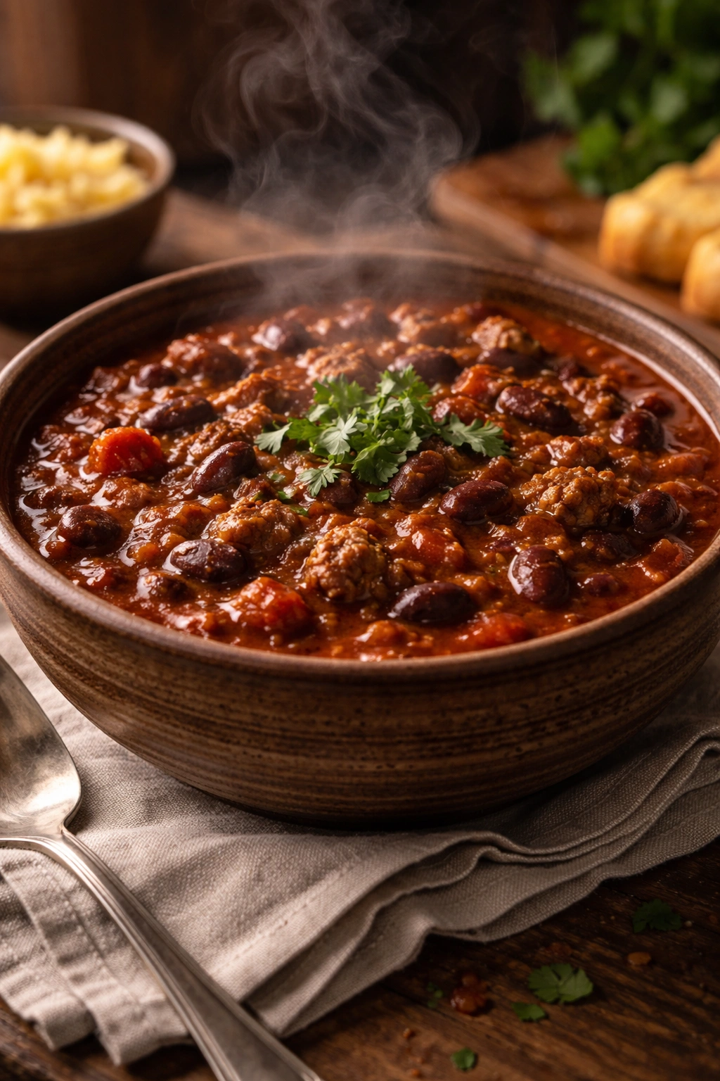 Close-up of rich beef chili in a rustic bowl with beans and meat chunks