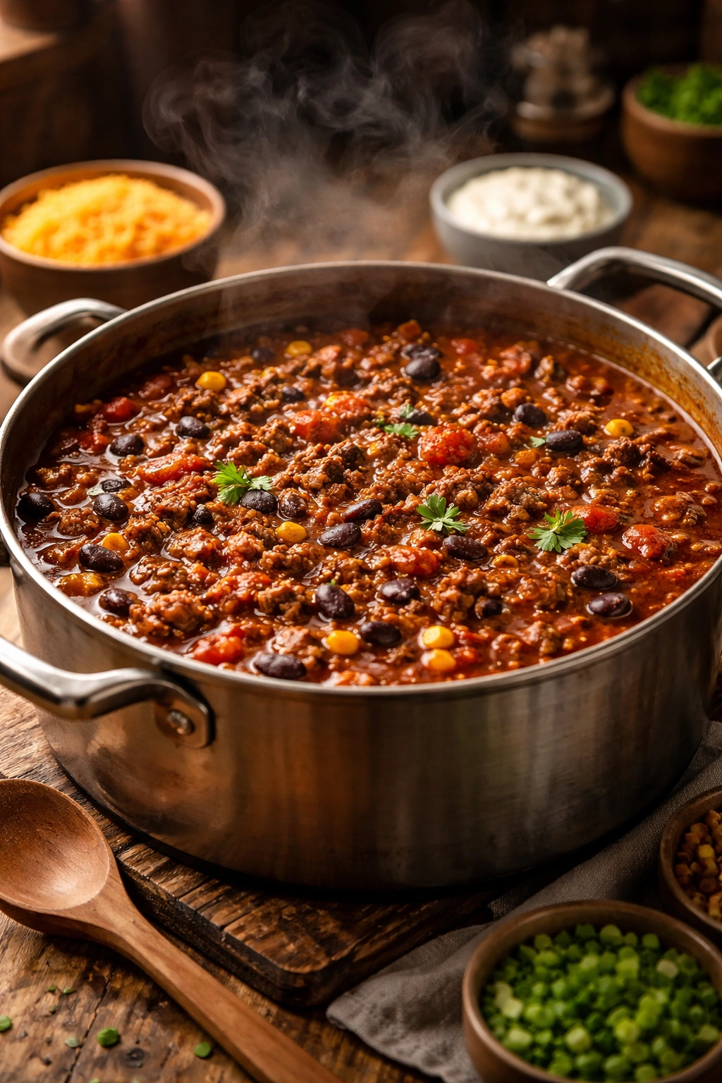 Simmering beef chili in a pot in a warm kitchen