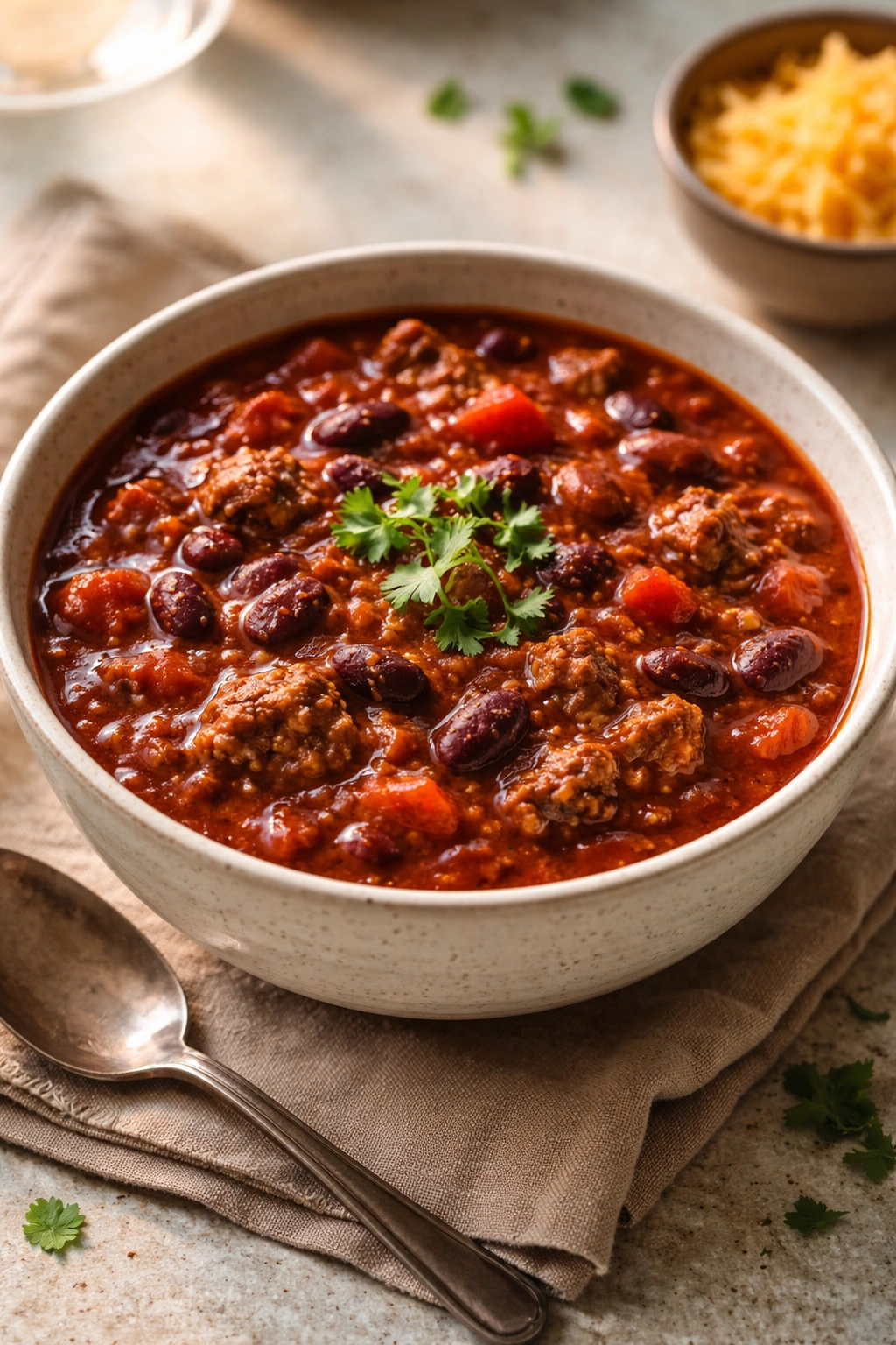 Thick beef and bean chili in a bowl with rich color