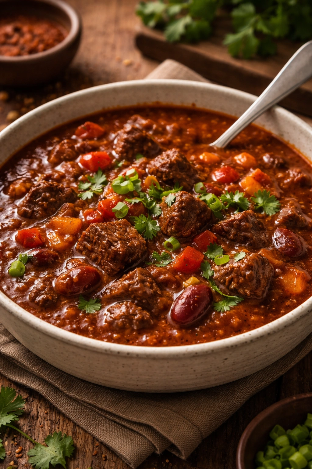Beef chili in a bowl showing beef chunks and peppers