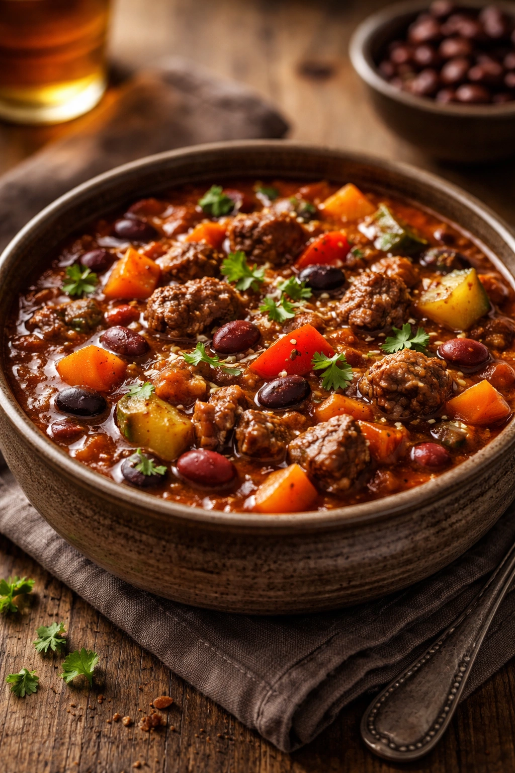 Close-up of hearty beef and vegetable chili in a rustic bowl with beans and colorful vegetables