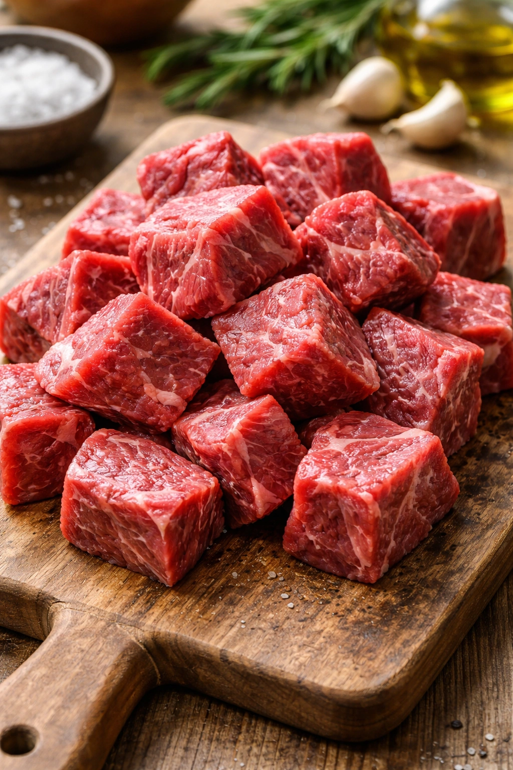 Raw beef chuck cubes on wooden cutting board