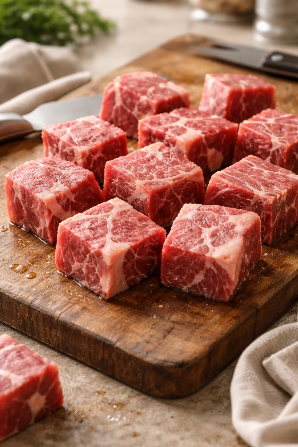 Marbled chuck beef chunks on a wooden cutting board