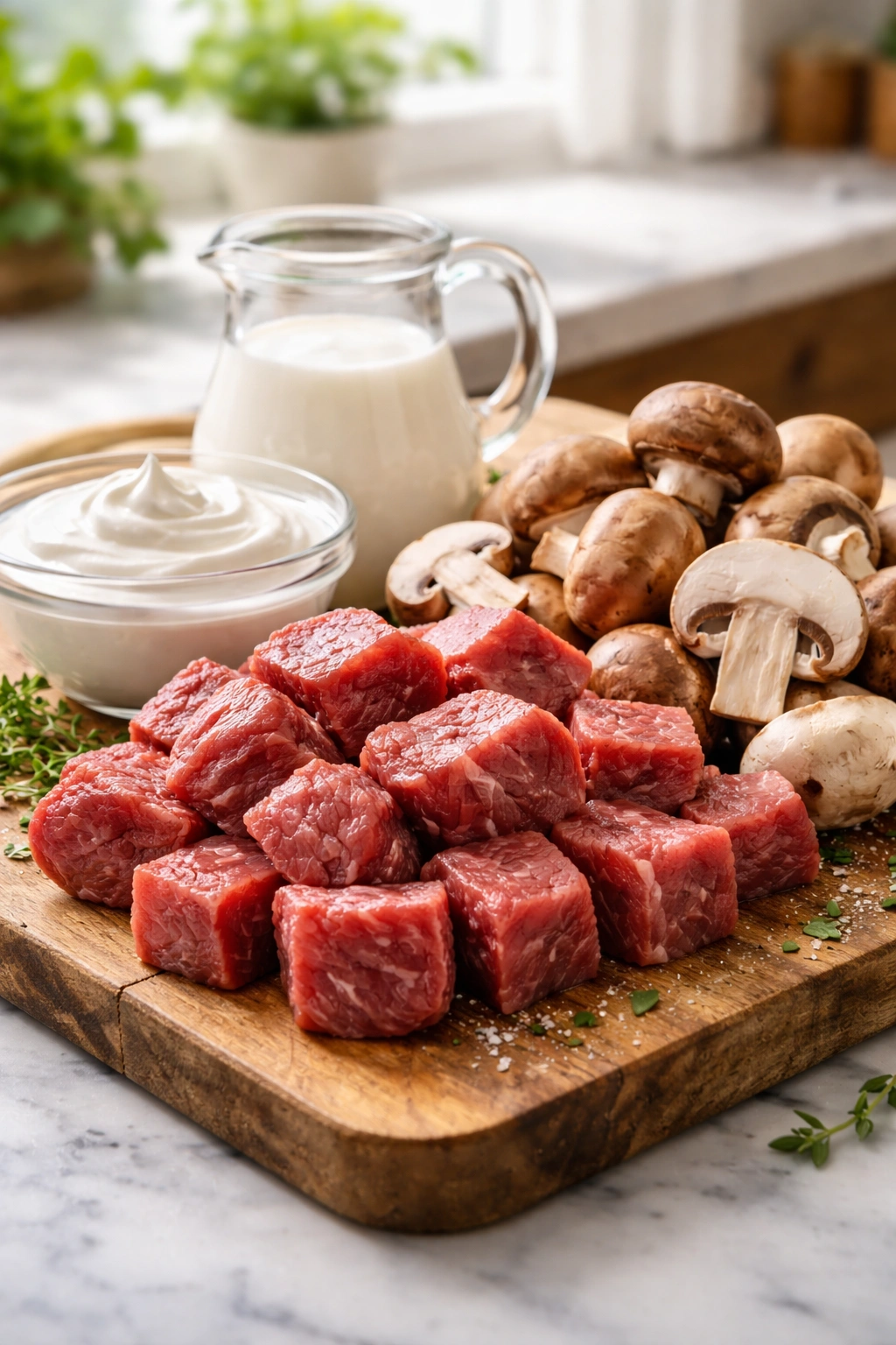 Beef, mushrooms, yogurt, and dairy arranged on a wooden board