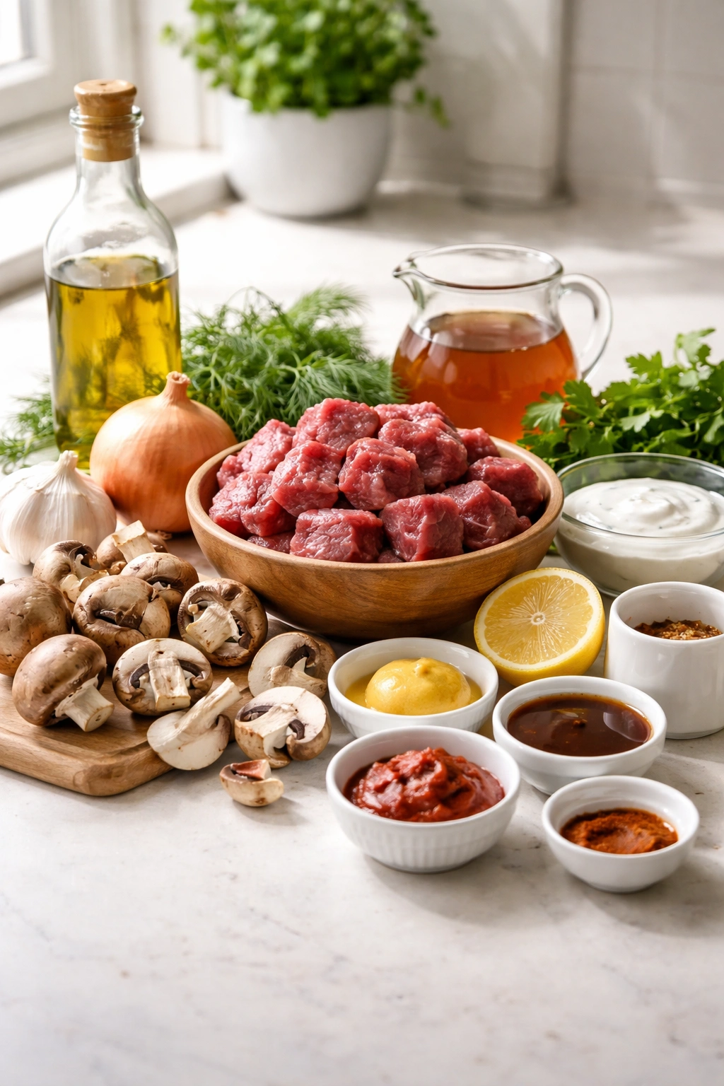 Beef, mushrooms, onions, garlic, and dairy ingredients arranged on counter