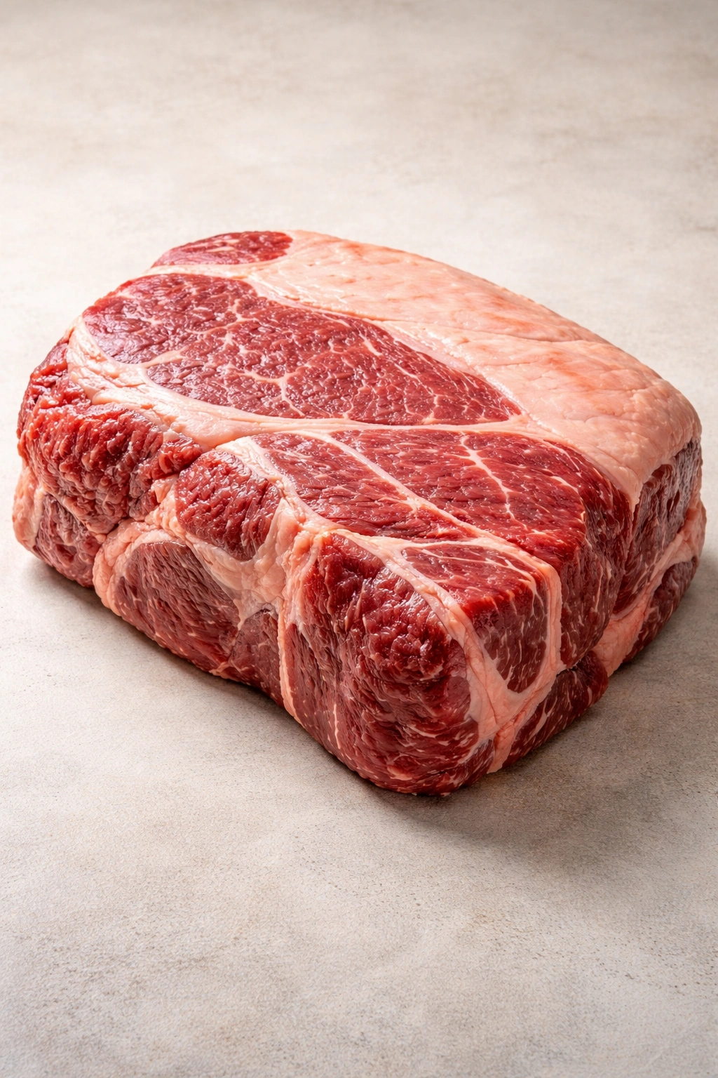 Beef chuck roast showing marbling and fat cap as ideal for all-day slow cooking