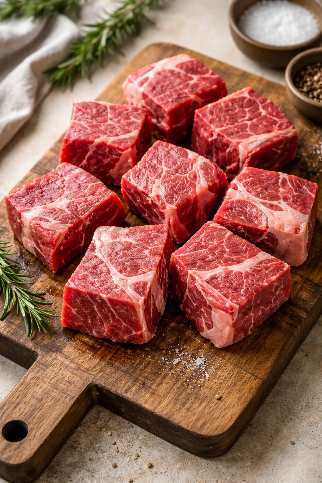 Boneless beef chuck roast pieces showing marbling on a cutting board
